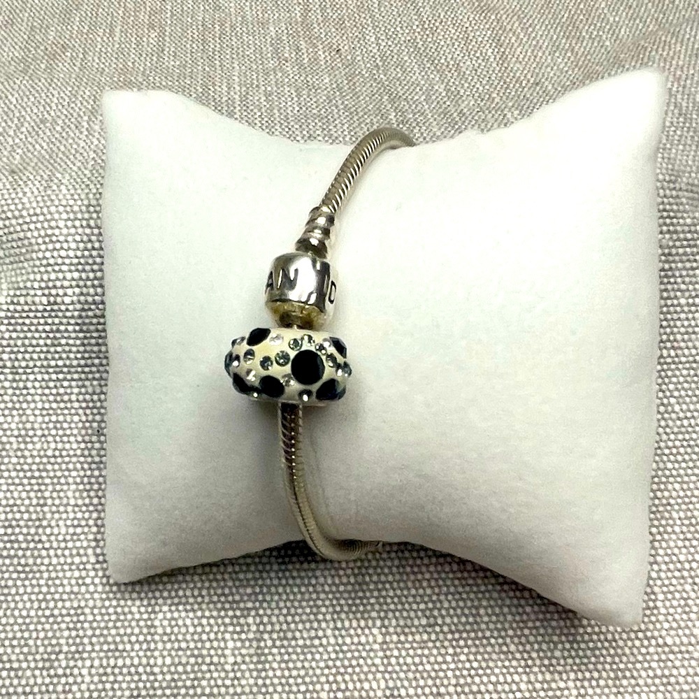 Pandora Silver Snake Chain Bracelet with a Pave Crystals Charm | Size 7.25”-7.5”